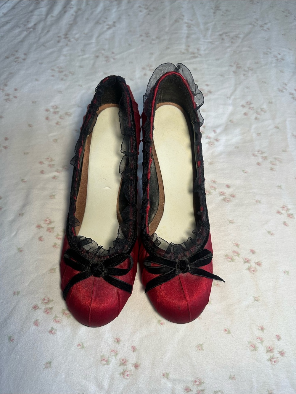Wild Diva Red Satin Ballet Flats with Black Trim and Bow